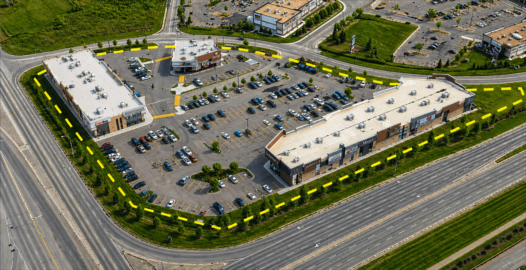 Aerial view of Monaco Square retail centre with site boundary