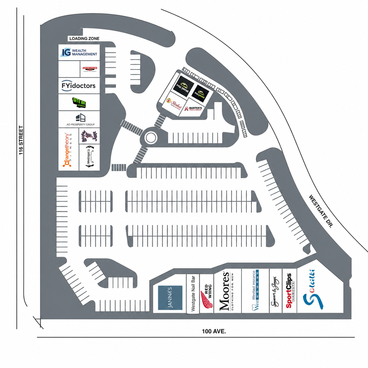Monaco Square site plan with building footprint, tenant bays, and parking